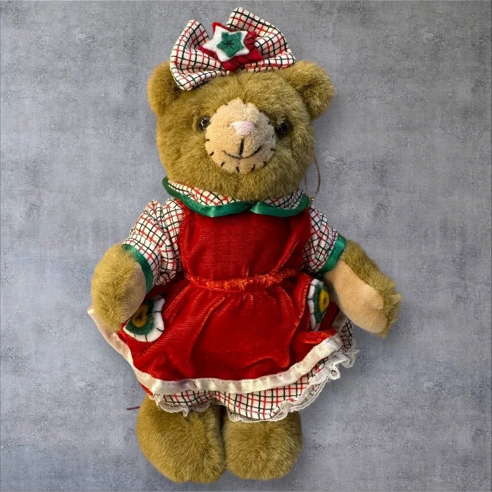 Vintage Dillards Plush‎ Teddy Bear Red Dress  Christmas Ornament